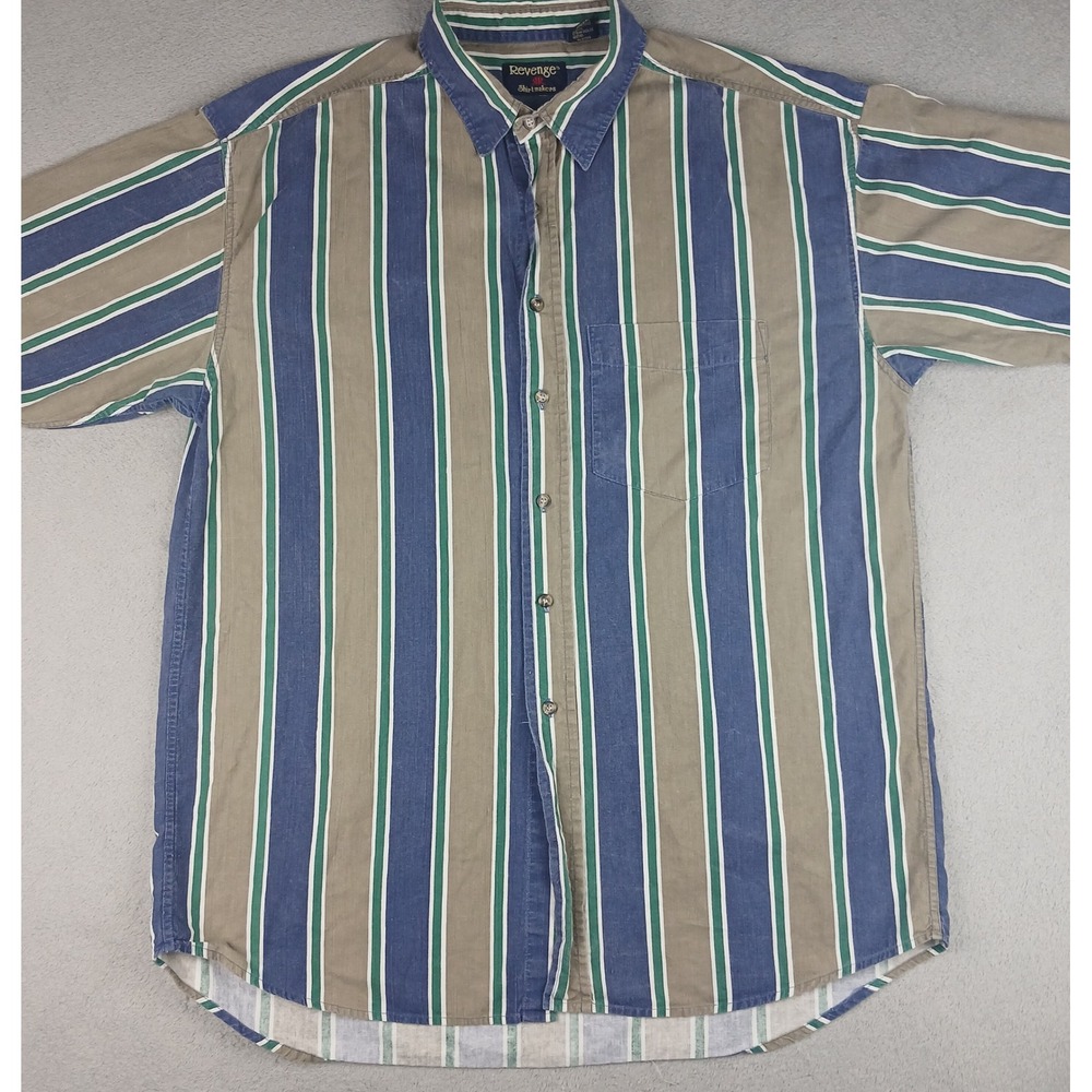 Vintage Revenge Shirtmakers Button Down Mens XL Blue Green Striped Short Sleeve